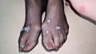 My sperm on wifey's perfect nylon feet - French pedicure on her perfect feet